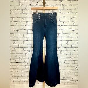 Free People 🌸 Size 27 Embellished Front High Rise Flare Jeans in Dark Wash